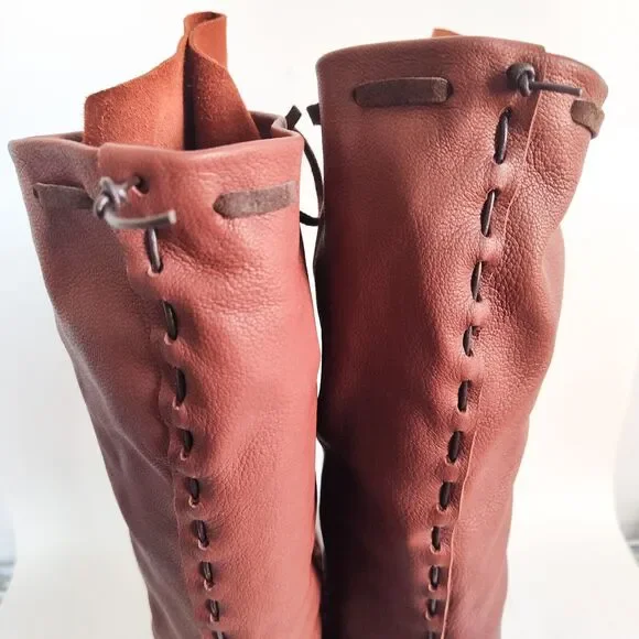 Ramble Leather Dark Brown Elk Deer Handmade Knee High Boots Size 10 Lace-Up Back - Picture 6 of 11